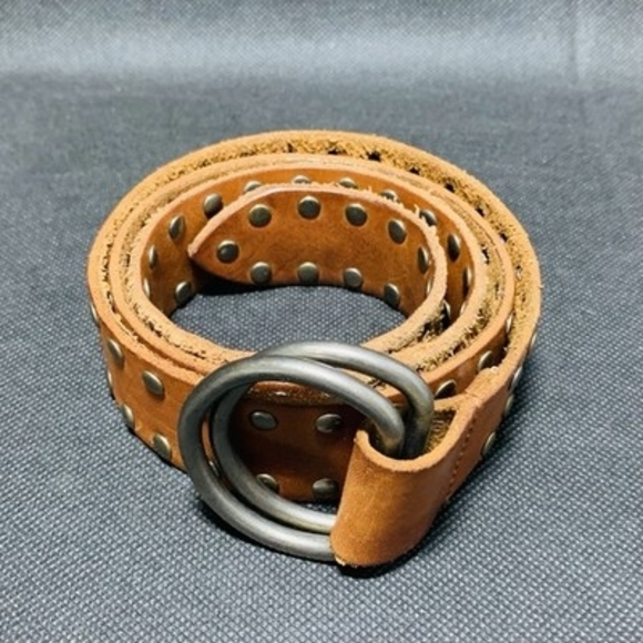 Women\'s Brown Studded Leather Belt Double D-Ring Buckle Gap Size S main image 6